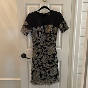 Black and gold floral print Tadashi midi dress